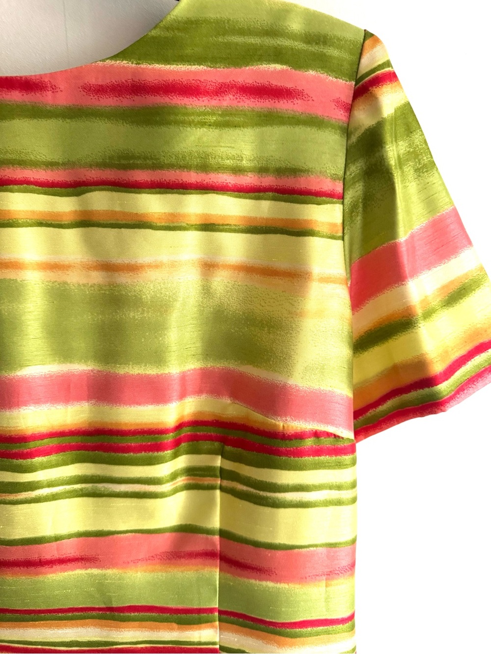 Sag Harbor Women’s Short Sleeve Striped Satin Top - Lime Green & Coral